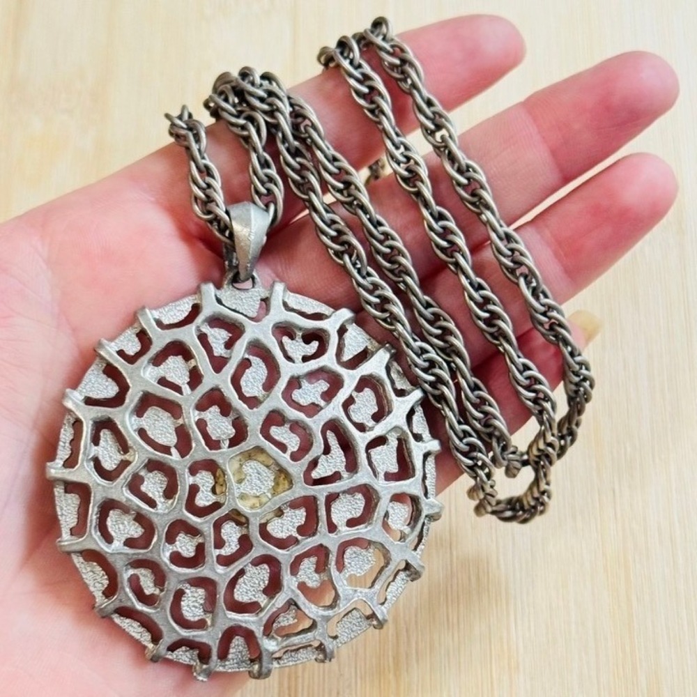 Groham Pewter Necklace VTG Statement Medallion Metal Modernist MCM 60s retro 26"